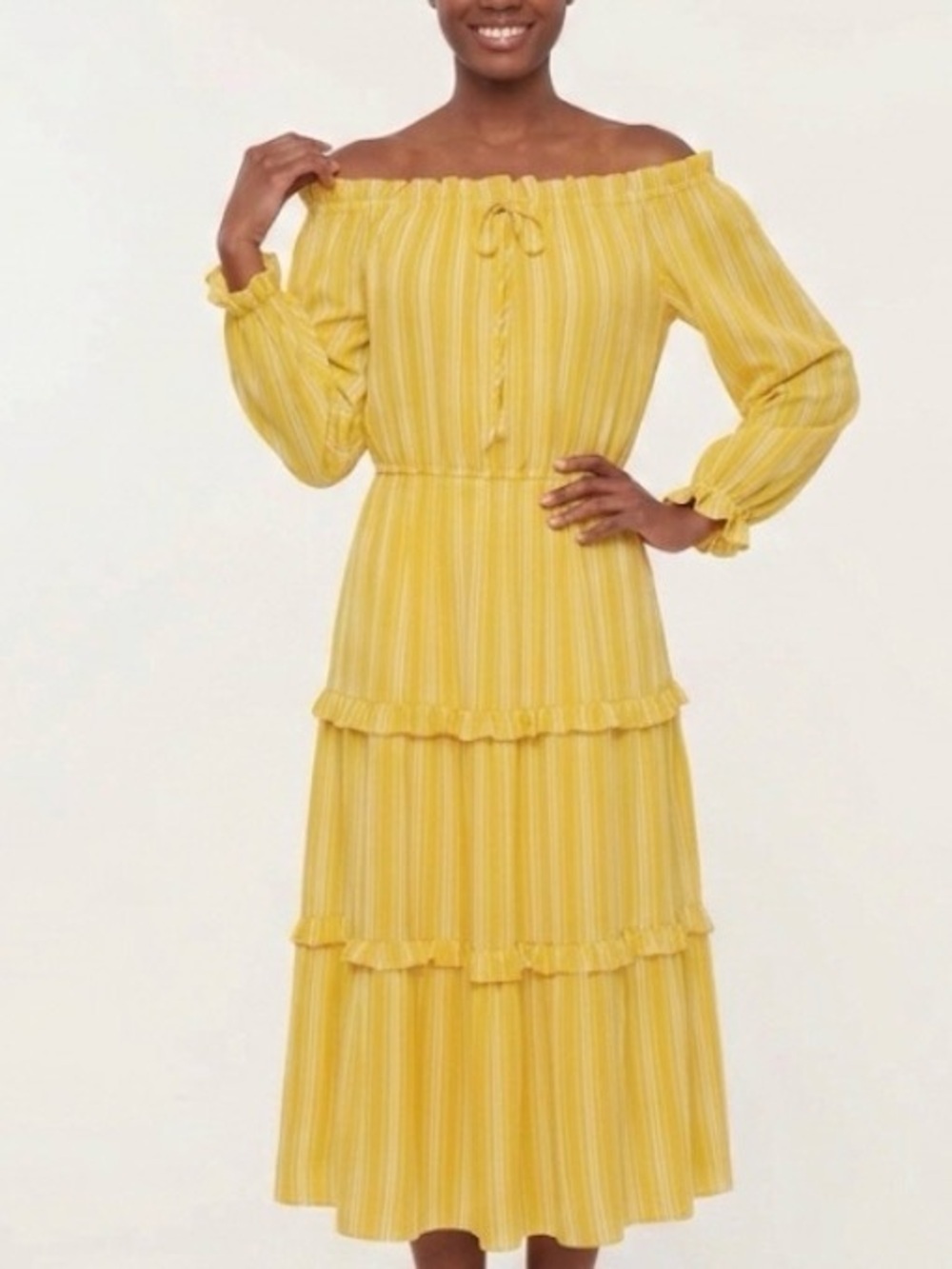 Lauren Conrad LC Yellow Off The Shoulder Tiered Boho Midi Dress Sz S